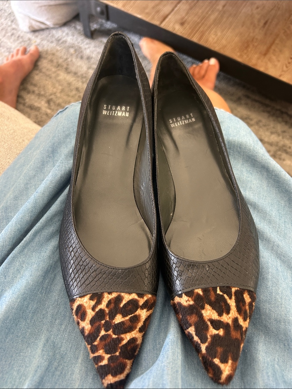 Stuart Weitzman Black Leather Flats with Leopard-Print Pointed Toe